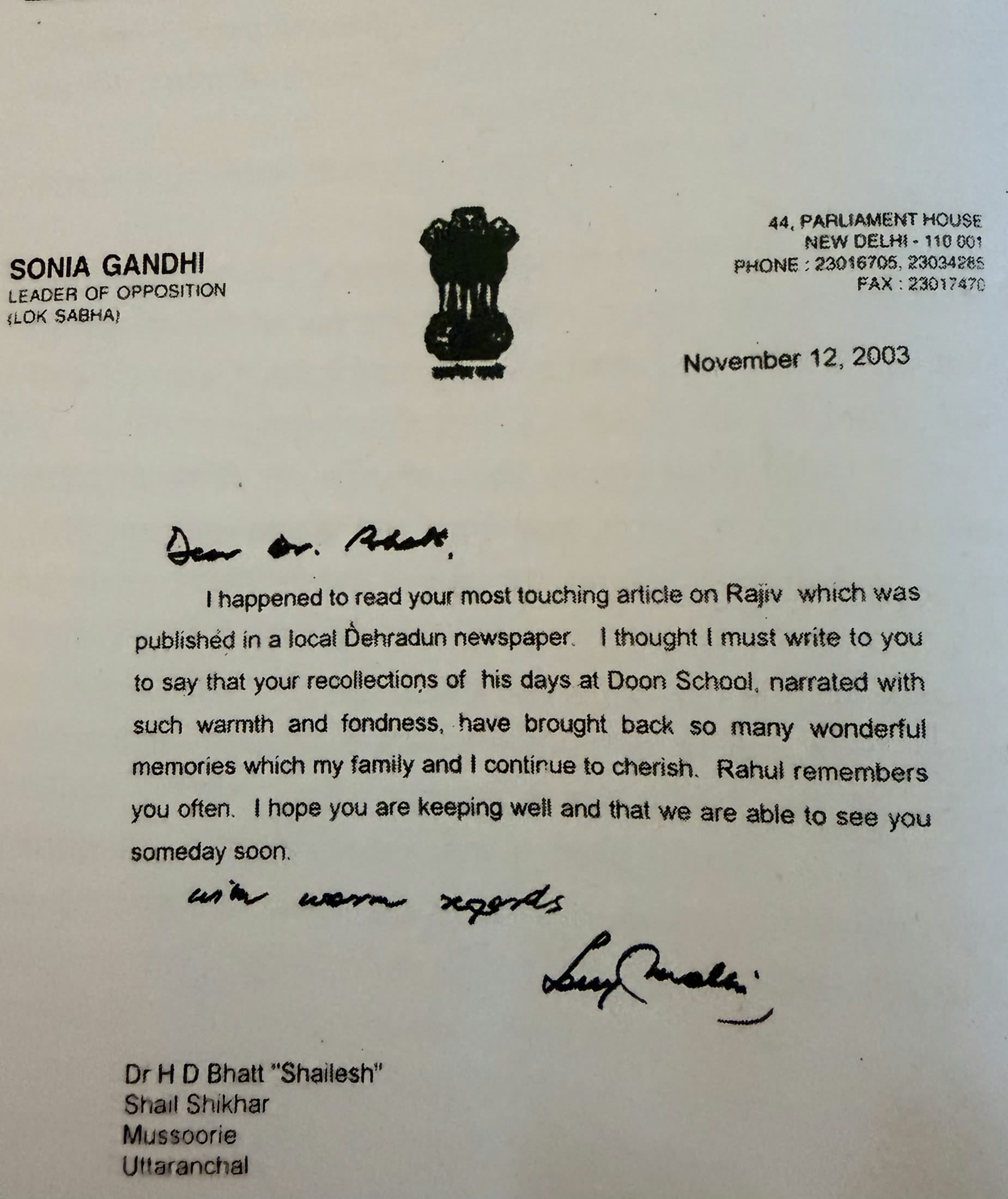 Signed 2003 letter from Sonia Gandhi to Dr. Bhatt at Shail Shikhar