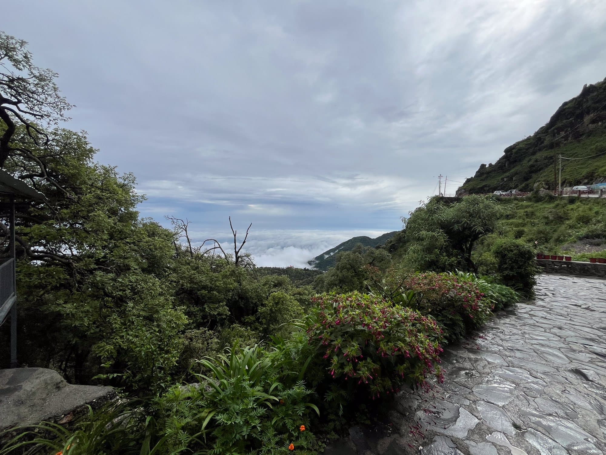 From the ground-floor garden, the cloud sea fills the valley at Shail Shikhar Cottage, Mussoorie